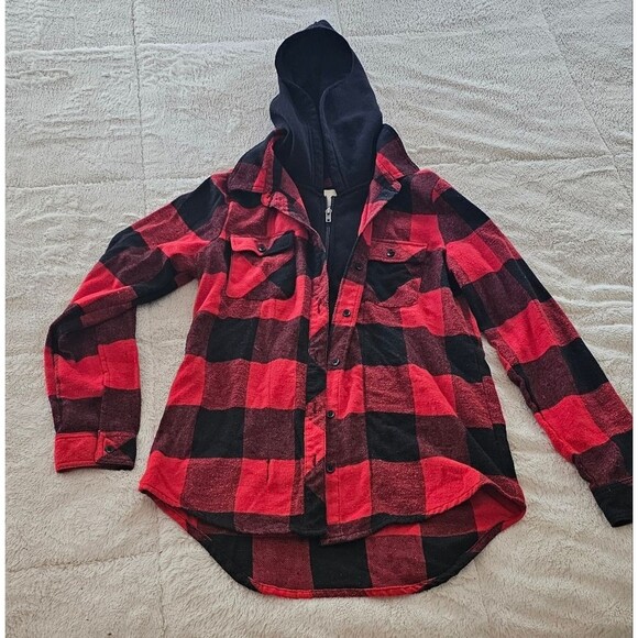 Ci Sono Tops - Ci Sono Red and Black Checkered Zipper/Button Hooded Fleece Hoodie. Large
